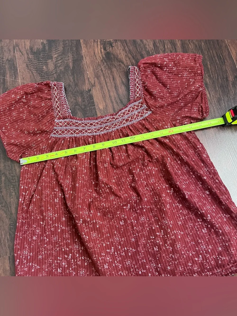 Madewell Square Neck Smocked Top XS Rusted Burgundy Floral Puff Sleeve Cotton